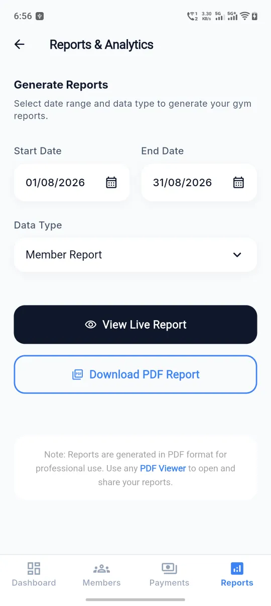 PDF reports screen