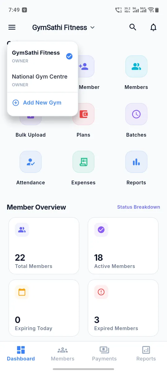 Switch between multiple gyms in GymSathi