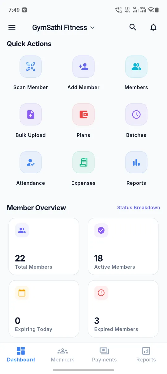 GymSathi app dashboard