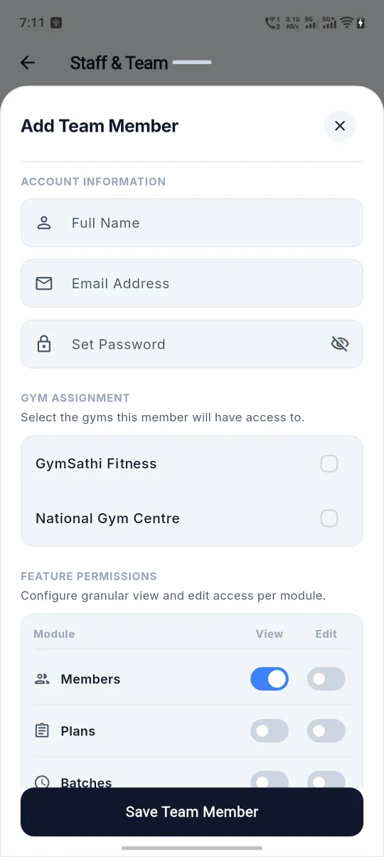 Staff permissions screen
