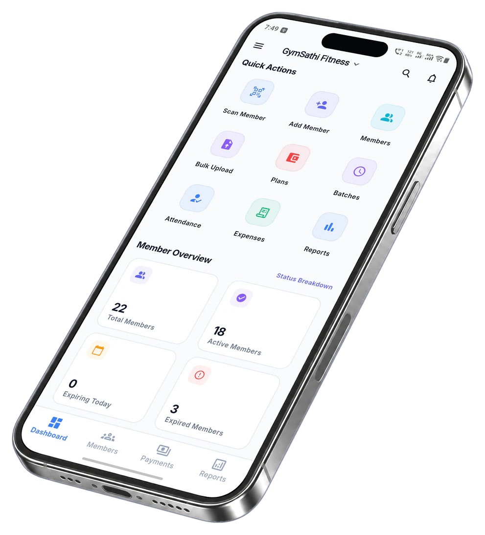GymSathi app dashboard with quick actions and member overview